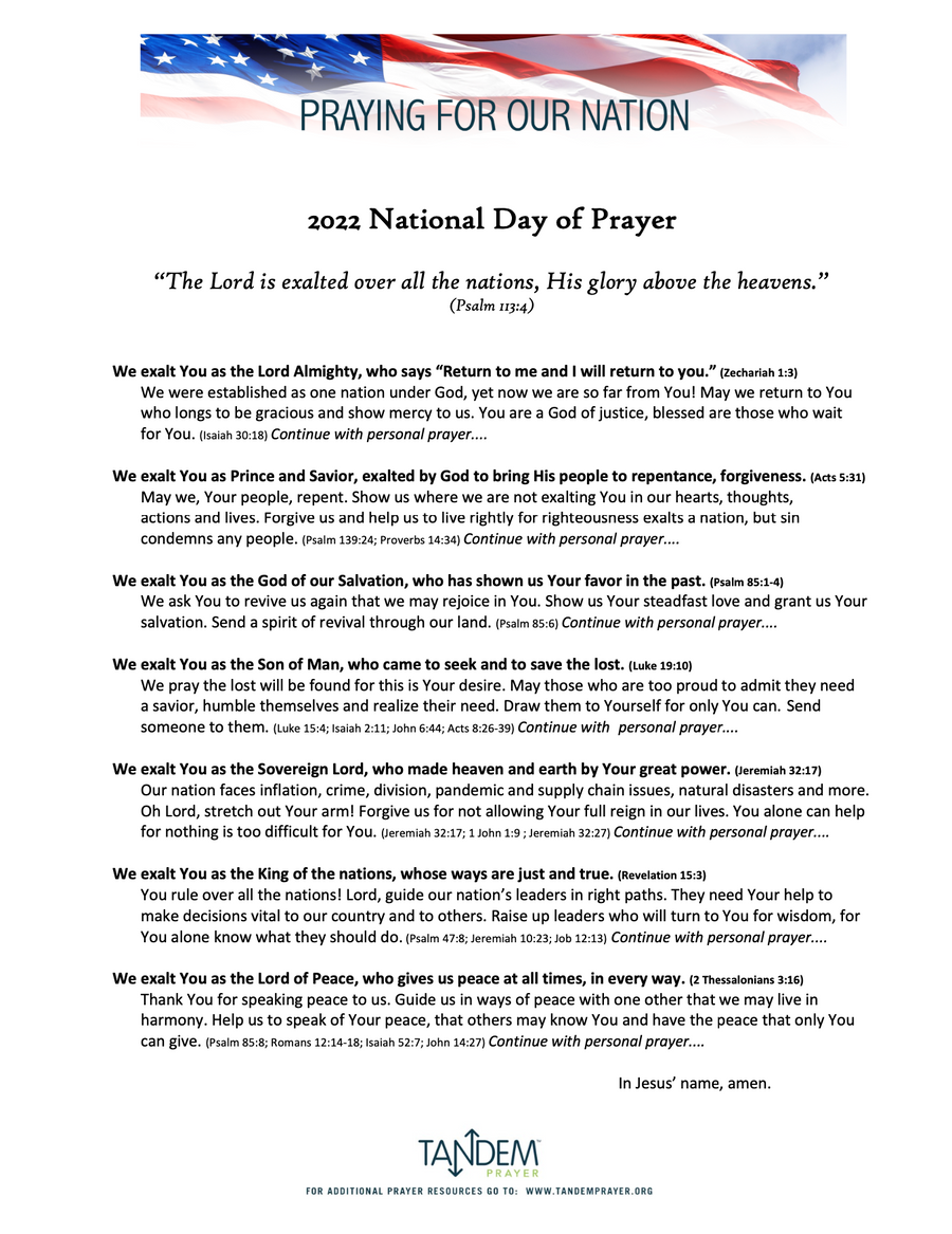 2022 National Day of Prayer - Prayer Guide by Tandem Prayer